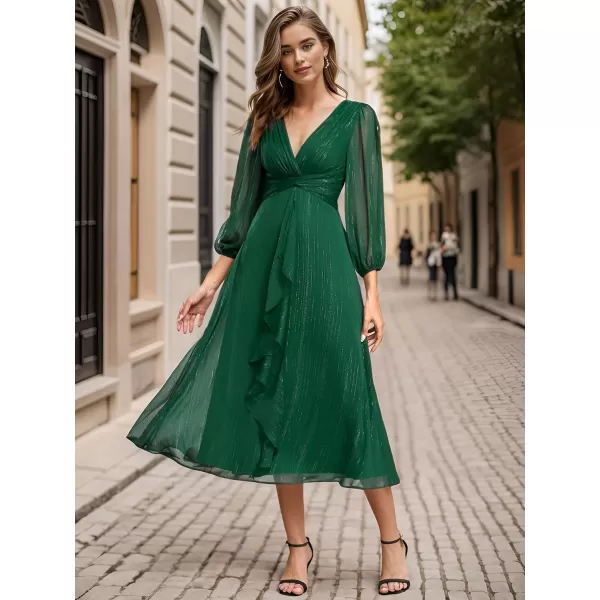 EverPretty Womens Elegant A Line Ruched V Neck Long Sleeves TeaLength Fall Wedding Guest Dresses 01977Dark Green