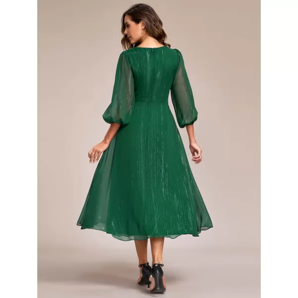 EverPretty Womens Elegant A Line Ruched V Neck Long Sleeves TeaLength Fall Wedding Guest Dresses 01977Dark Green