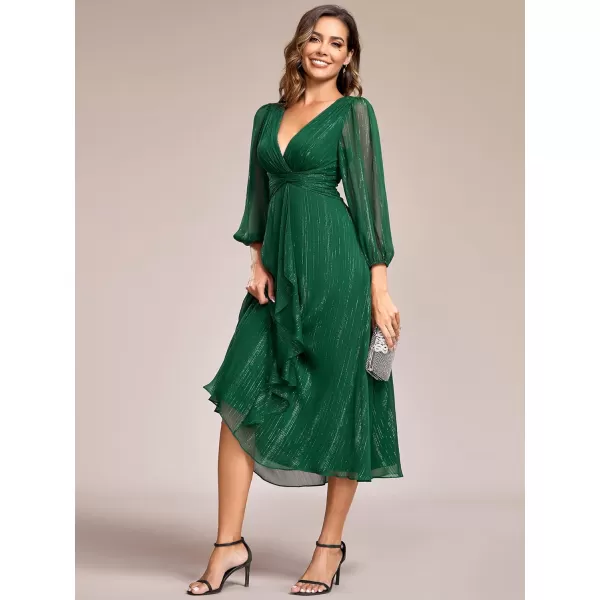 EverPretty Womens Elegant A Line Ruched V Neck Long Sleeves TeaLength Fall Wedding Guest Dresses 01977Dark Green