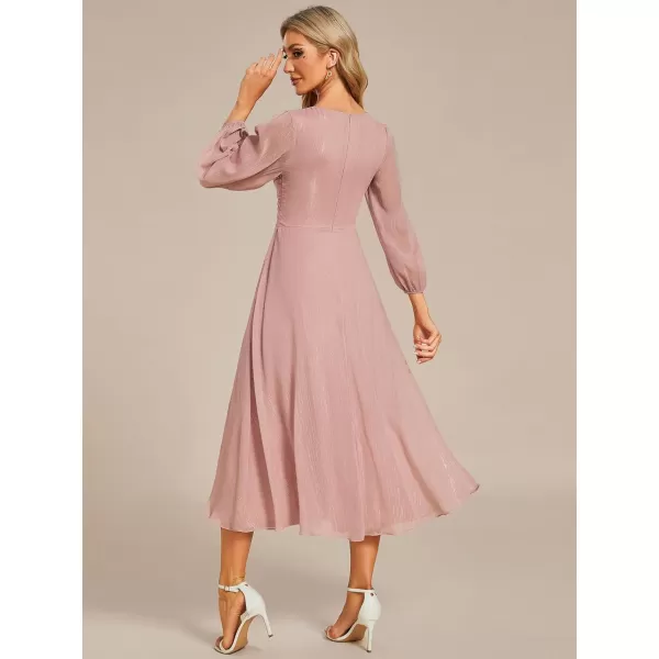 EverPretty Womens Elegant A Line Ruched V Neck Long Sleeves TeaLength Fall Wedding Guest Dresses 01977Dusty Rose