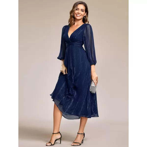 EverPretty Womens Elegant A Line Ruched V Neck Long Sleeves TeaLength Fall Wedding Guest Dresses 01977Navy Blue