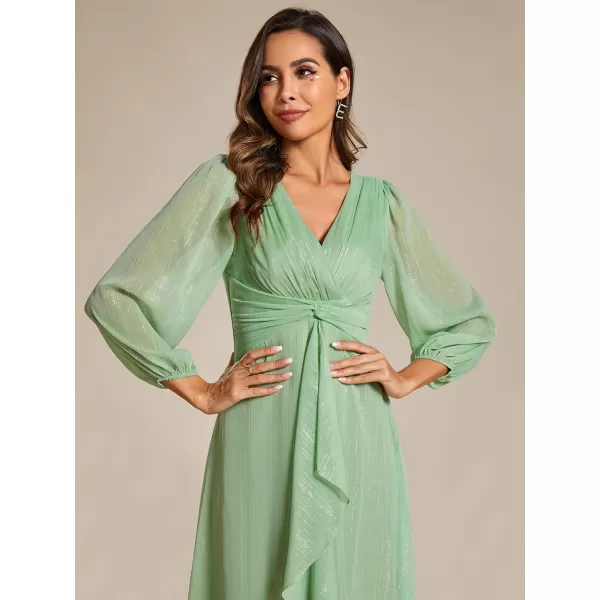 EverPretty Womens Elegant A Line Ruched V Neck Long Sleeves TeaLength Fall Wedding Guest Dresses 01977Summer Green