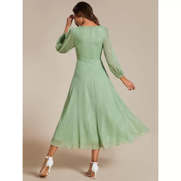 EverPretty Womens Elegant A Line Ruched V Neck Long Sleeves TeaLength Fall Wedding Guest Dresses 01977Summer Green