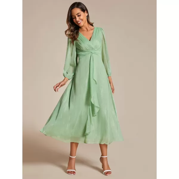 EverPretty Womens Elegant A Line Ruched V Neck Long Sleeves TeaLength Fall Wedding Guest Dresses 01977Summer Green