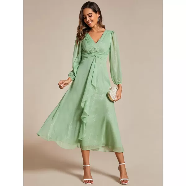 EverPretty Womens Elegant A Line Ruched V Neck Long Sleeves TeaLength Fall Wedding Guest Dresses 01977Summer Green