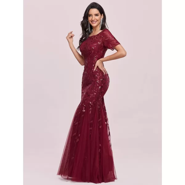 EverPretty Womens Elegant Illusion Short Sleeve Crew Neck Sequin Embroidery Mermaid Evening Dresses 07707Burgundy