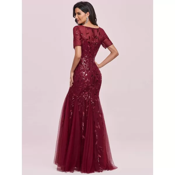 EverPretty Womens Elegant Illusion Short Sleeve Crew Neck Sequin Embroidery Mermaid Evening Dresses 07707Burgundy