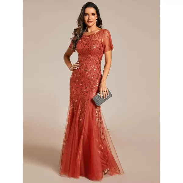 EverPretty Womens Elegant Illusion Short Sleeve Crew Neck Sequin Embroidery Mermaid Evening Dresses 07707Burnt Orange