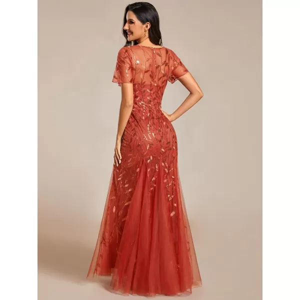 EverPretty Womens Elegant Illusion Short Sleeve Crew Neck Sequin Embroidery Mermaid Evening Dresses 07707Burnt Orange