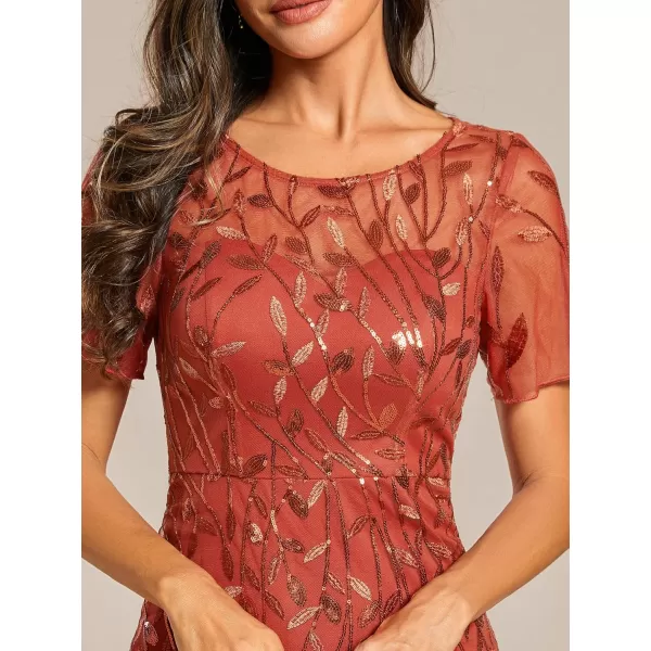 EverPretty Womens Elegant Illusion Short Sleeve Crew Neck Sequin Embroidery Mermaid Evening Dresses 07707Burnt Orange