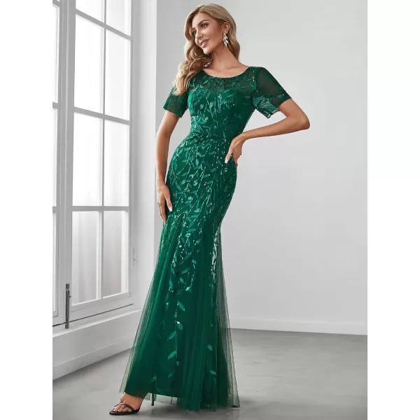 EverPretty Womens Elegant Illusion Short Sleeve Crew Neck Sequin Embroidery Mermaid Evening Dresses 07707Dark Green