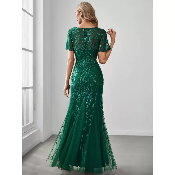 EverPretty Womens Elegant Illusion Short Sleeve Crew Neck Sequin Embroidery Mermaid Evening Dresses 07707Dark Green