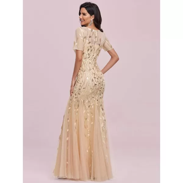 EverPretty Womens Elegant Illusion Short Sleeve Crew Neck Sequin Embroidery Mermaid Evening Dresses 07707Gold