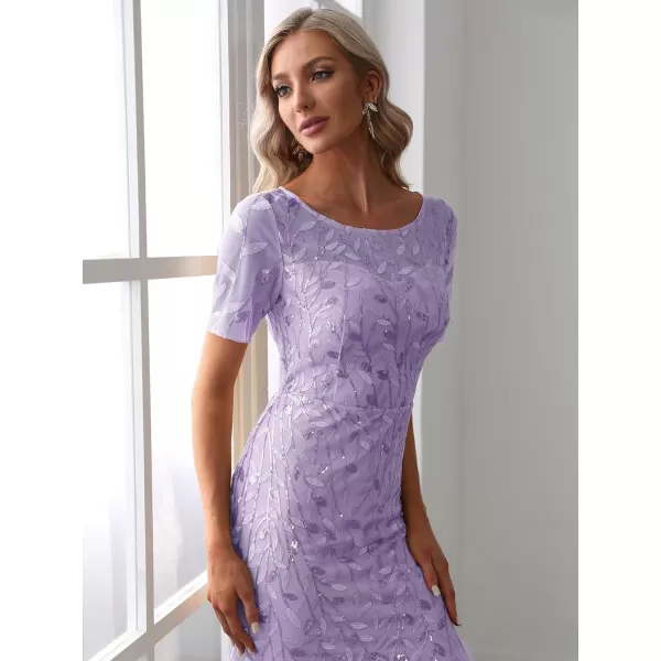 EverPretty Womens Elegant Illusion Short Sleeve Crew Neck Sequin Embroidery Mermaid Evening Dresses 07707Lavender