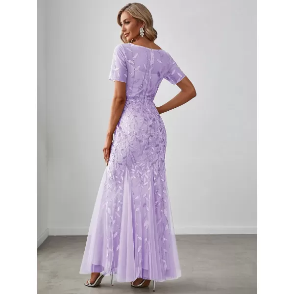 EverPretty Womens Elegant Illusion Short Sleeve Crew Neck Sequin Embroidery Mermaid Evening Dresses 07707Lavender