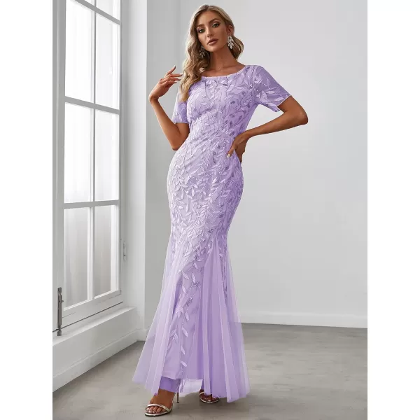 EverPretty Womens Elegant Illusion Short Sleeve Crew Neck Sequin Embroidery Mermaid Evening Dresses 07707Lavender