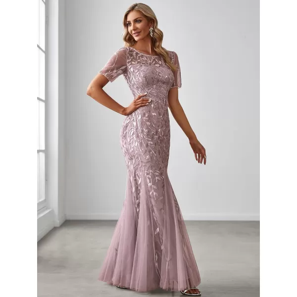 EverPretty Womens Elegant Illusion Short Sleeve Crew Neck Sequin Embroidery Mermaid Evening Dresses 07707Mauve