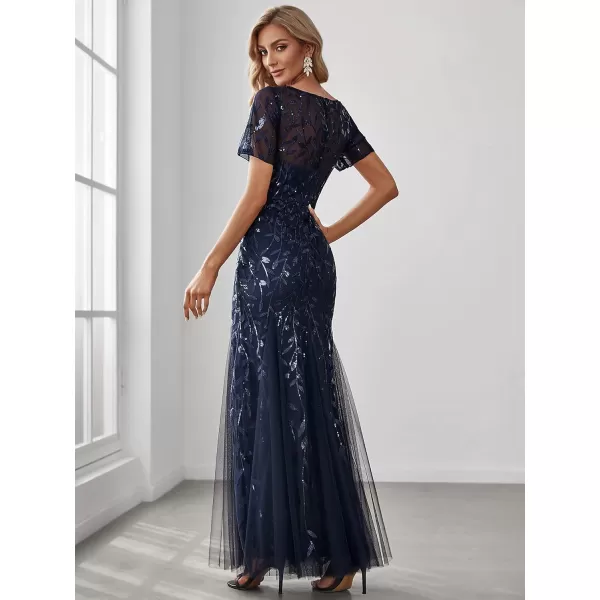 EverPretty Womens Elegant Illusion Short Sleeve Crew Neck Sequin Embroidery Mermaid Evening Dresses 07707Navy