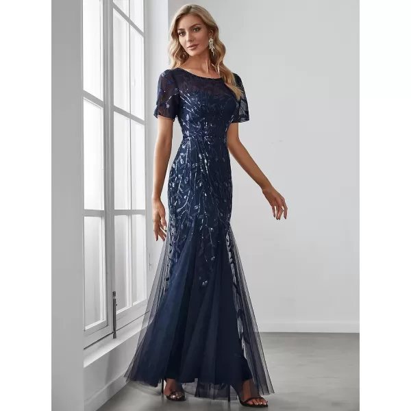 EverPretty Womens Elegant Illusion Short Sleeve Crew Neck Sequin Embroidery Mermaid Evening Dresses 07707Navy