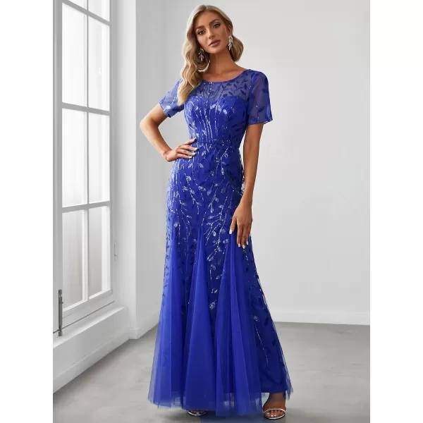 EverPretty Womens Elegant Illusion Short Sleeve Crew Neck Sequin Embroidery Mermaid Evening Dresses 07707Sapphire Blue