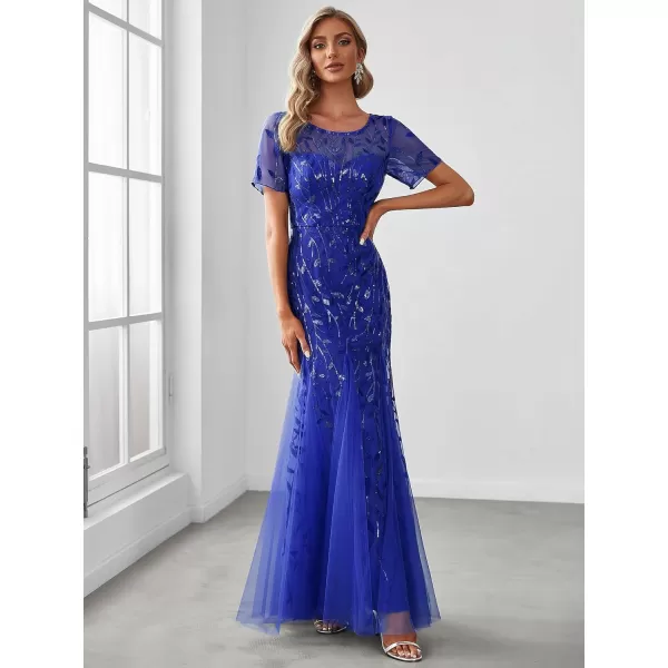 EverPretty Womens Elegant Illusion Short Sleeve Crew Neck Sequin Embroidery Mermaid Evening Dresses 07707Sapphire Blue