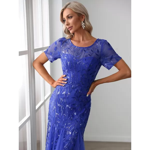 EverPretty Womens Elegant Illusion Short Sleeve Crew Neck Sequin Embroidery Mermaid Evening Dresses 07707Sapphire Blue