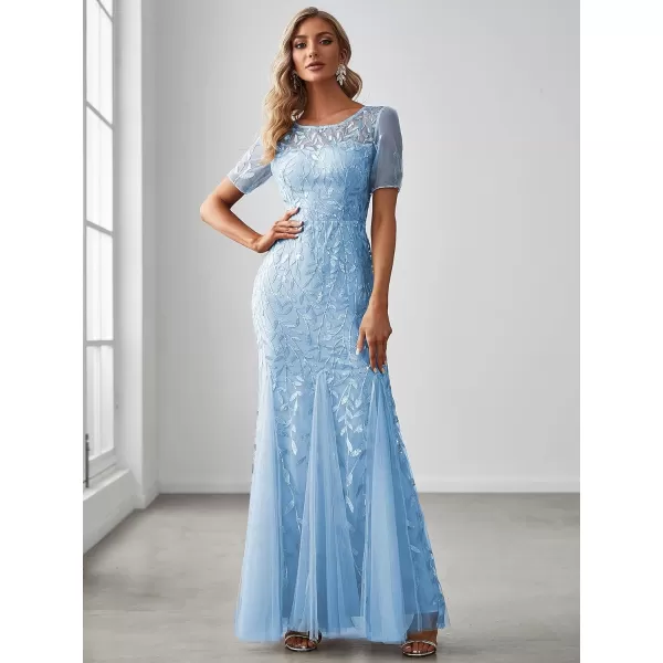 EverPretty Womens Elegant Illusion Short Sleeve Crew Neck Sequin Embroidery Mermaid Evening Dresses 07707Sky Blue