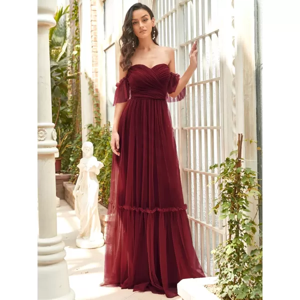 EverPretty Womens Formal Dress Sweetheart OffShoulder Ruched Tulle Maxi Bridesmaid Dresses 50126Burgundy