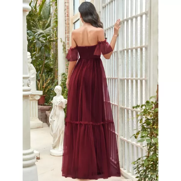 EverPretty Womens Formal Dress Sweetheart OffShoulder Ruched Tulle Maxi Bridesmaid Dresses 50126Burgundy