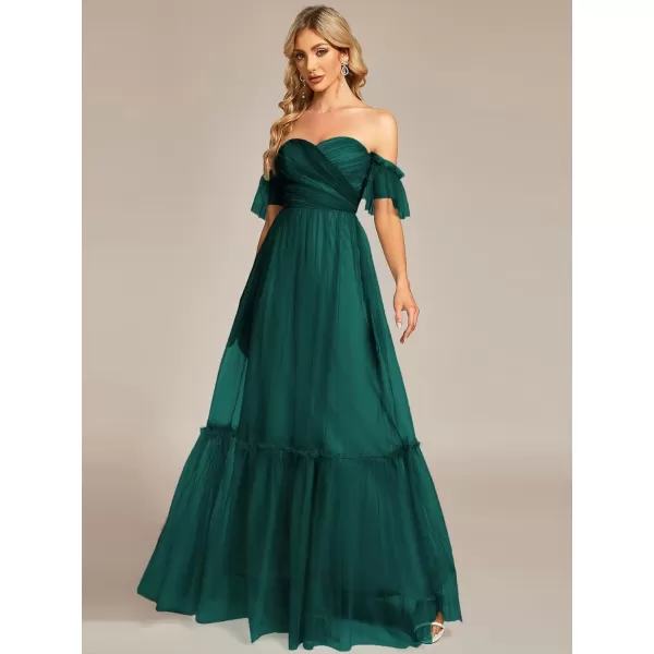 EverPretty Womens Formal Dress Sweetheart OffShoulder Ruched Tulle Maxi Bridesmaid Dresses 50126Dark Green