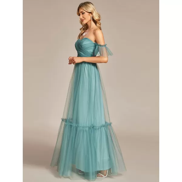 EverPretty Womens Formal Dress Sweetheart OffShoulder Ruched Tulle Maxi Bridesmaid Dresses 50126Dusty Blue