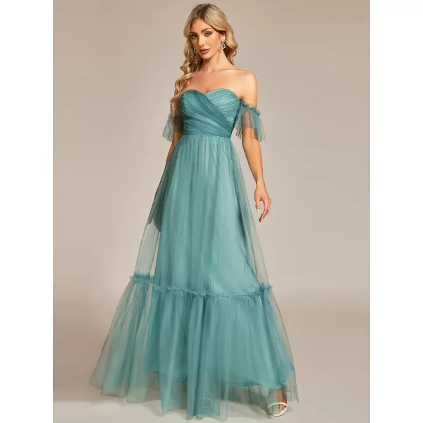 EverPretty Womens Formal Dress Sweetheart OffShoulder Ruched Tulle Maxi Bridesmaid Dresses 50126Dusty Blue