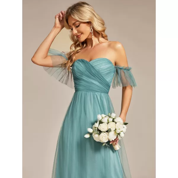 EverPretty Womens Formal Dress Sweetheart OffShoulder Ruched Tulle Maxi Bridesmaid Dresses 50126Dusty Blue