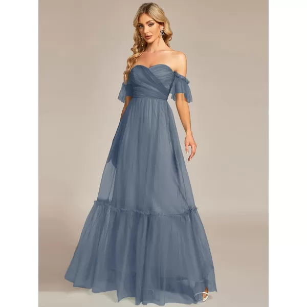 EverPretty Womens Formal Dress Sweetheart OffShoulder Ruched Tulle Maxi Bridesmaid Dresses 50126Dusty Navy