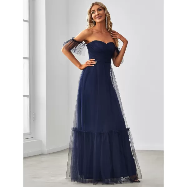 EverPretty Womens Formal Dress Sweetheart OffShoulder Ruched Tulle Maxi Bridesmaid Dresses 50126Navy Blue