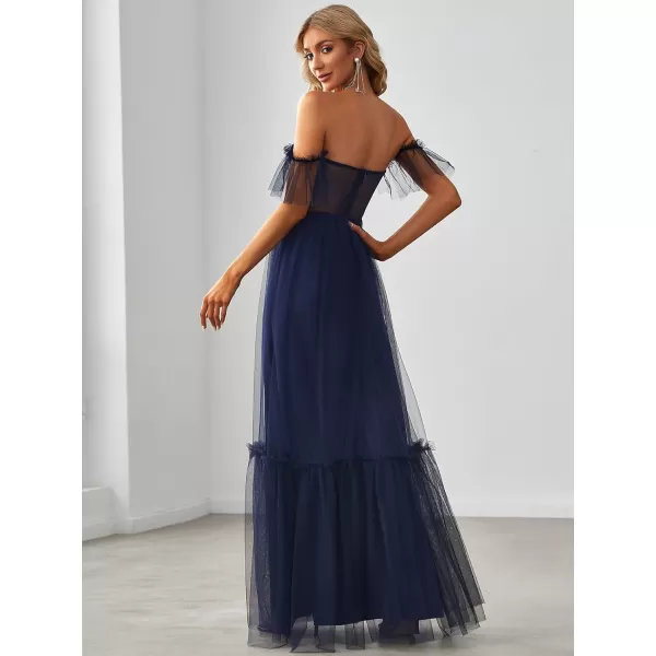 EverPretty Womens Formal Dress Sweetheart OffShoulder Ruched Tulle Maxi Bridesmaid Dresses 50126Navy Blue