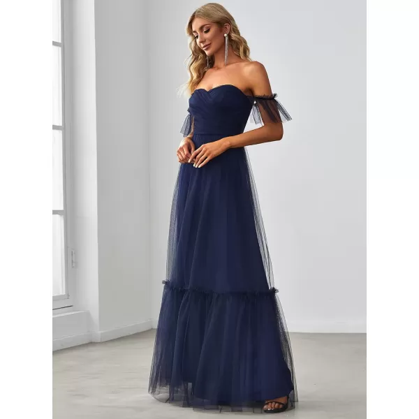 EverPretty Womens Formal Dress Sweetheart OffShoulder Ruched Tulle Maxi Bridesmaid Dresses 50126Navy Blue