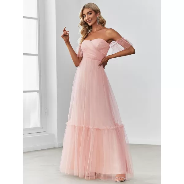 EverPretty Womens Formal Dress Sweetheart OffShoulder Ruched Tulle Maxi Bridesmaid Dresses 50126Pink