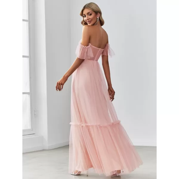 EverPretty Womens Formal Dress Sweetheart OffShoulder Ruched Tulle Maxi Bridesmaid Dresses 50126Pink