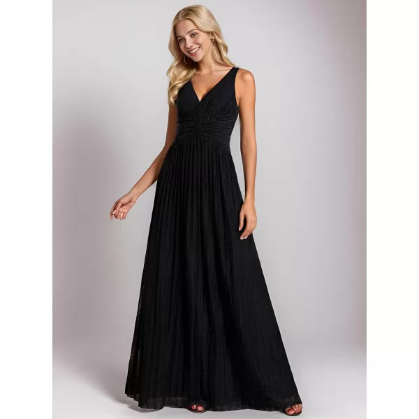 EverPretty Womens Glitter A Line V Neck Pleated Long Evening Dress 01961Bblack