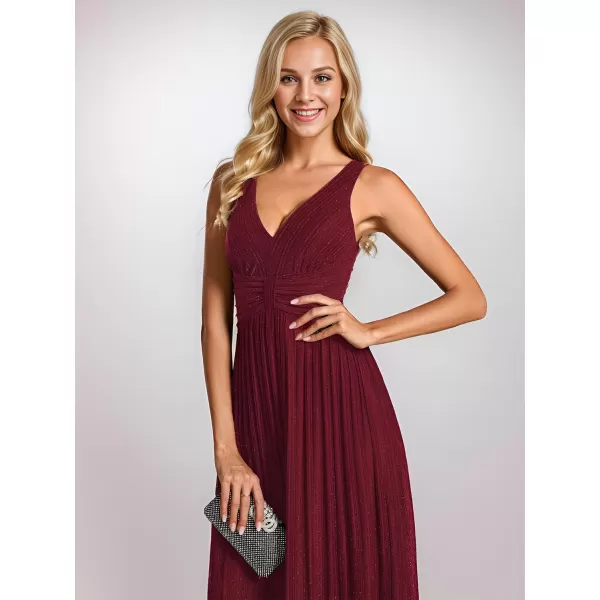 EverPretty Womens Glitter A Line V Neck Pleated Long Evening Dress 01961Bburgundy