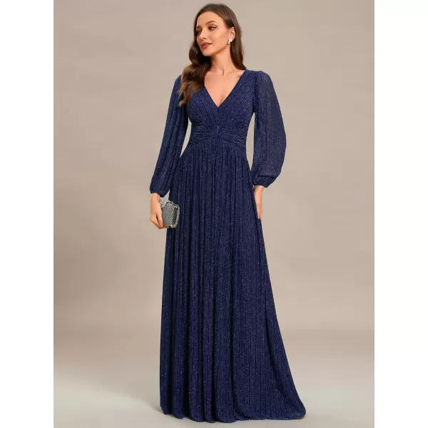 EverPretty Womens Glitter A Line V Neck Pleated Long Evening Dress 01961Navy Blue