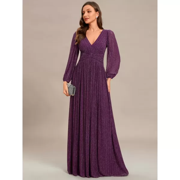 EverPretty Womens Glitter A Line V Neck Pleated Long Evening Dress 01961Purple Wisteria