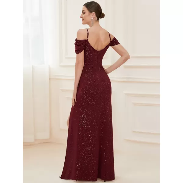 EverPretty Womens Long Side Slit Glitter Off Shoulder VNeck Spaghetti Straps Evening Gowns 50088Burgundy