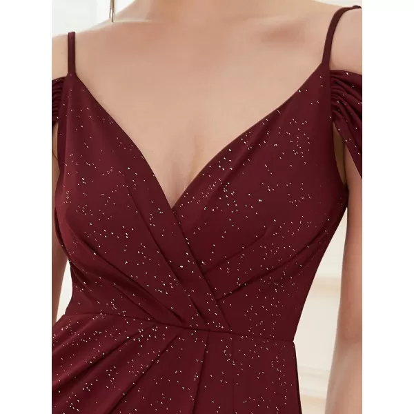 EverPretty Womens Long Side Slit Glitter Off Shoulder VNeck Spaghetti Straps Evening Gowns 50088Burgundy