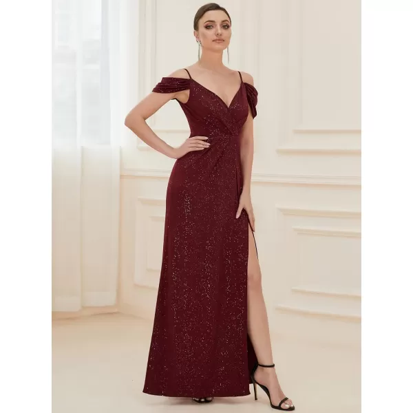 EverPretty Womens Long Side Slit Glitter Off Shoulder VNeck Spaghetti Straps Evening Gowns 50088Burgundy