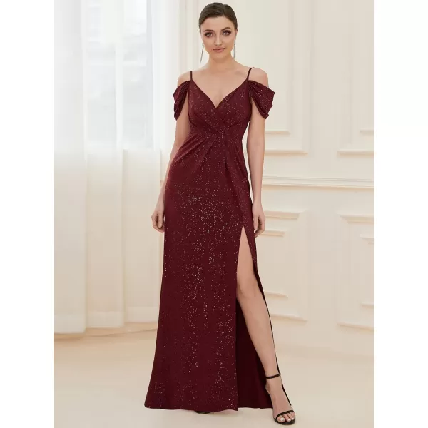 EverPretty Womens Long Side Slit Glitter Off Shoulder VNeck Spaghetti Straps Evening Gowns 50088Burgundy