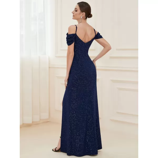 EverPretty Womens Long Side Slit Glitter Off Shoulder VNeck Spaghetti Straps Evening Gowns 50088Navy Blue