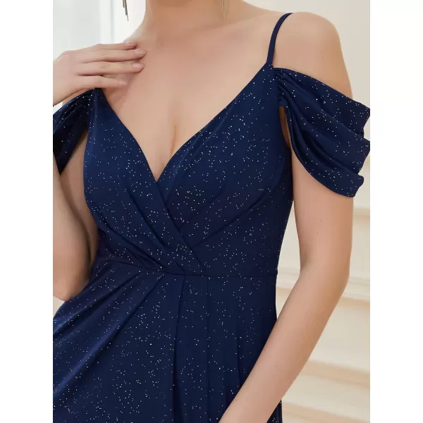 EverPretty Womens Long Side Slit Glitter Off Shoulder VNeck Spaghetti Straps Evening Gowns 50088Navy Blue