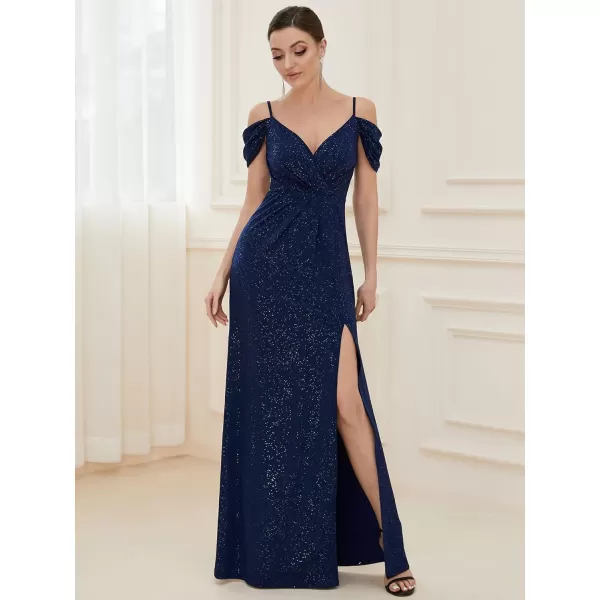 EverPretty Womens Long Side Slit Glitter Off Shoulder VNeck Spaghetti Straps Evening Gowns 50088Navy Blue